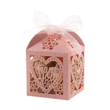 COTOPHER Laser Cut Boxes 100pcs Thank You Gift Boxes Wedding Party Favor Boxes Lace Candy Boxes for Wedding Bridal Shower Baby Shower Birthday Party Decorations with Ribbons (2x2x2.75inch, pink, 100)
