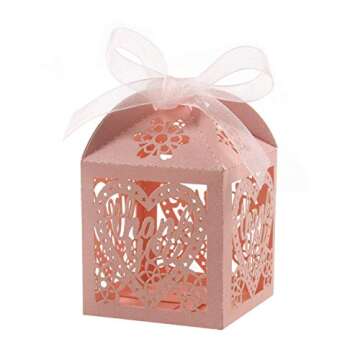 COTOPHER Laser Cut Boxes 100pcs Thank You Gift Boxes Wedding Party Favor Boxes Lace Candy Boxes for Wedding Bridal Shower Baby Shower Birthday Party Decorations with Ribbons (2x2x2.75inch, pink, 100)