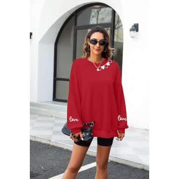 FAYALEQ Valentines Day Sweatshirt Women Love Heart Graphic Long Sleeve Shirt Cute Valentine's Day Pullover Top Red