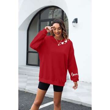 FAYALEQ Valentines Day Sweatshirt Women Love Heart Graphic Long Sleeve Shirt Cute Valentine's Day Pullover Top Red
