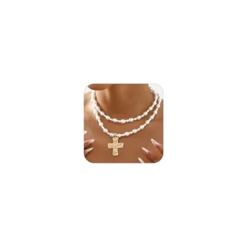 BEARJIA Chunky Gold Cross Necklace - Hammered Bold Statement Jewelry