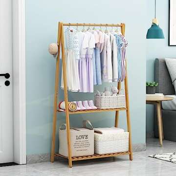 COOGOU Kids Clothing Rack for Hanging Clothes,Small Clothes Racks Wooden Dress Up Storage Costume Rack,Short Toddler Clothes Organizer,Mini Bamboo Garment Rack with Shelves Laundry Drying,Standing