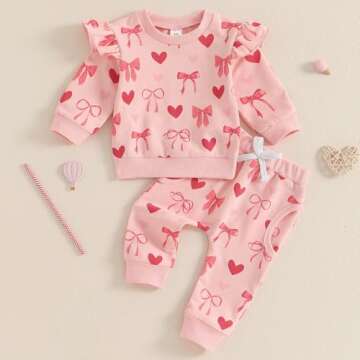 Lesimsam Toddler Baby Girl Valentines Outfit Heart Bow Print Ruffle Long Sleeve Sweatshirt Top and P...