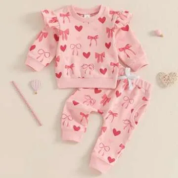 Lesimsam Toddler Baby Girl Valentines Outfit Heart Bow Print Ruffle Long Sleeve Sweatshirt Top and P...