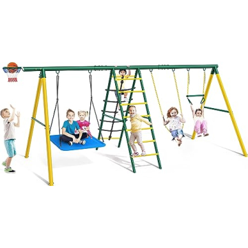 Osorie Swing Sets for Backyard - 6 in 1 Heavy Duty Metal Swing Set with 2 Swings, Climbing Ladder, T...