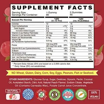 Vegan Iron Gummies Supplement - with Vitamin C, A, B-Complex, Folate, Zinc for Adults & Kids - Blood...