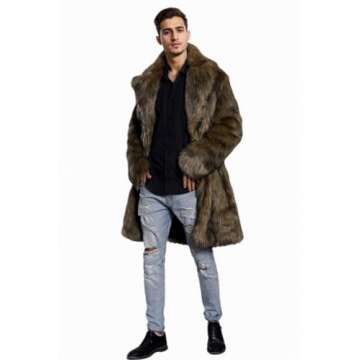 UMREN Men's Luxury Faux Fur Coat Jacket Winter Warm Long Coats Overwear Outwear (X-Large, Brown 2)