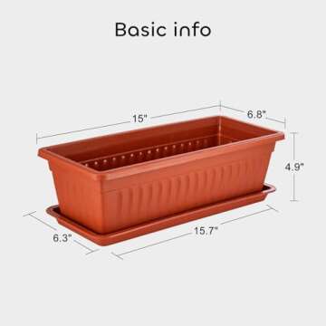GROWNEER 6 Packs 15 Inches Terracotta Color Flower Window Box Plastic Vegetable Planters Long Pots with 15 Pcs Plant Labels for Outdoor Indoor Windowsill, Patio, Garden, Home Decor, Porch