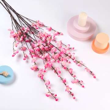 Ammyoo Artificial Faux Plants Flowers Indoor Spring Decor，4 Bundles Fake Silk Plum Blossom,Faux Silk Cherry Blossom Branches for Wedding Office Party Hotel Home Decor，Vase Not Included