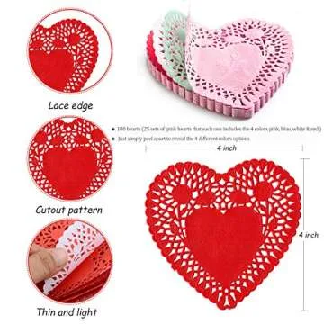 RIVCOIM Heart Doilies: Elegant Paper Doilies for Crafts and Valentines 4 inch - 100 Pcs of Paper Heart Doilies in Red, Pink, White, Blue (25 Each) - Perfect for Creative Decorations.