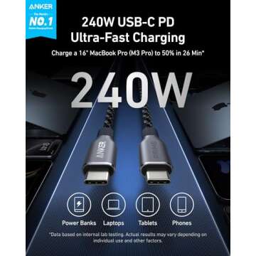 Anker Prime USB C to USB C Cable, 240W 6ft Fast Charging USB C Cable, Upcycled-Braided Nylon with 10...