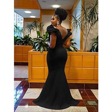 BEAGIMEG Women's Sexy Ruffle Sleeve Elegant V Neck Backless Evening Formal Maxi Dress Black