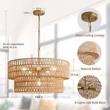 SupMaka 23.6" Boho Rattan Chandelier, 6-Light Large Rattan Pendant Light with 2-Tier Wicker Shade, Bohemian Rattan Ceiling Light Fixture Chandelier for Dining Room, Living Room, Kitchen Island