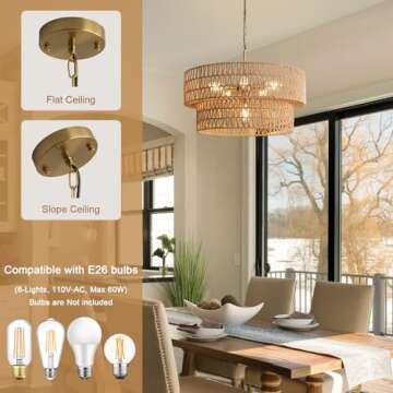 SupMaka 23.6" Boho Rattan Chandelier, 6-Light Large Rattan Pendant Light with 2-Tier Wicker Shade, Bohemian Rattan Ceiling Light Fixture Chandelier for Dining Room, Living Room, Kitchen Island
