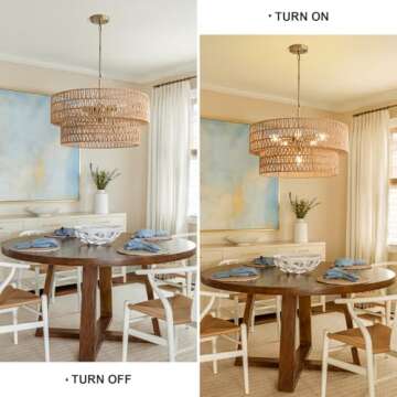 SupMaka 23.6" Boho Rattan Chandelier, 6-Light Large Rattan Pendant Light with 2-Tier Wicker Shade, Bohemian Rattan Ceiling Light Fixture Chandelier for Dining Room, Living Room, Kitchen Island