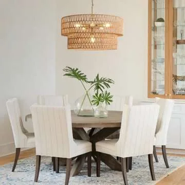 SupMaka 23.6" Boho Rattan Chandelier, 6-Light Large Rattan Pendant Light with 2-Tier Wicker Shade, Bohemian Rattan Ceiling Light Fixture Chandelier for Dining Room, Living Room, Kitchen Island