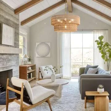 SupMaka 23.6" Boho Rattan Chandelier, 6-Light Large Rattan Pendant Light with 2-Tier Wicker Shade, Bohemian Rattan Ceiling Light Fixture Chandelier for Dining Room, Living Room, Kitchen Island