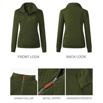 BTFBM Women Fashion Sweatshirts Quilted Pattern Lightweight Zipper Long Sleeve Plain Casual Christmas Pullovers Shirts Tops (Army Green, Large)