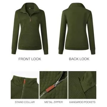 BTFBM Women Fashion Sweatshirts Quilted Pattern Lightweight Zipper Long Sleeve Plain Casual Christmas Pullovers Shirts Tops (Army Green, Large)