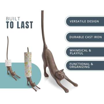 Comfify Yoga Cat Decorative Paper Towel Holder or Toilet Paper Holder Adorable “Downward Dog” Pose Kitty- Cast Iron Paper Towel Stand - Antiqued Cast Iron Storage - Multiple uses - 19” Tall.