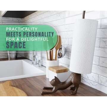 Comfify Yoga Cat Decorative Paper Towel Holder or Toilet Paper Holder Adorable “Downward Dog” Pose Kitty- Cast Iron Paper Towel Stand - Antiqued Cast Iron Storage - Multiple uses - 19” Tall.