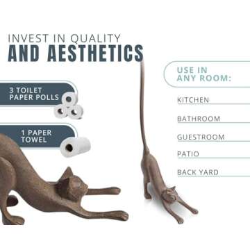 Comfify Yoga Cat Decorative Paper Towel Holder or Toilet Paper Holder Adorable “Downward Dog” Pose Kitty- Cast Iron Paper Towel Stand - Antiqued Cast Iron Storage - Multiple uses - 19” Tall.