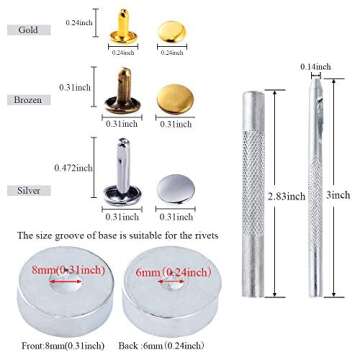 Caydo 360 Sets 3 Sizes Leather Rivets Double Cap Rivet Tubular Metal Studs with 4 Fixing Tools and P...
