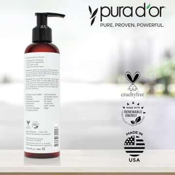 PURA D'OR 8 Oz Facial Cleansing Oil - Nourishing Botanical Blend with & Vitamin, Jojoba and Sunflower Oil - Gentle Makeup Remover & Deep Cleanser For Healthy, Glowing Skin - Paraben-Free Beauty