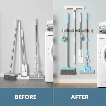 Holikme Metal Mop Broom Holder - 4 Hooks for Wall Storage