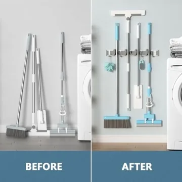 Holikme Metal Mop Broom Holder - 4 Hooks for Wall Storage