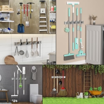 Holikme Metal Mop Broom Holder - 4 Hooks for Wall Storage