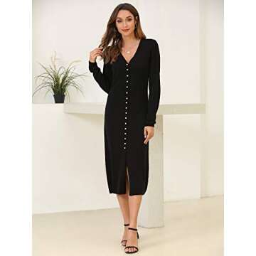 Woolen Bloom Women's Long Cardigan Sweaters Button Up V Neck Lightweight Knit Maxi Dress Cozy Soft Cute Tops Black