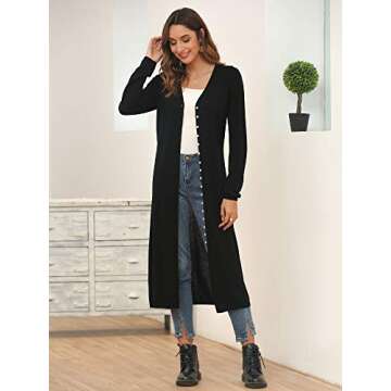 Woolen Bloom Women's Long Cardigan Sweaters Button Up V Neck Lightweight Knit Maxi Dress Cozy Soft Cute Tops Black