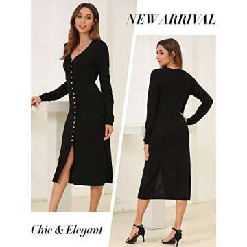 Woolen Bloom Women's Long Cardigan Sweaters Button Up V Neck Lightweight Knit Maxi Dress Cozy Soft Cute Tops Black