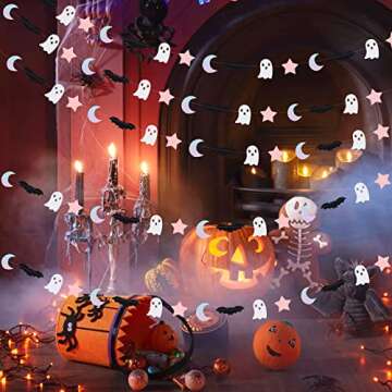 5Pcs Halloween Ghost Garland Banner Halloween Bat Garland, Pink Black Halloween Garland for Pink Hal...