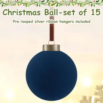 Liliful 15 Pcs Velvet Christmas Balls Bulk Flocked Christmas Tree Ball Ornaments Plastic Xmas Decorative Hanging Ornaments(Navy Blue,3.15 Inch)