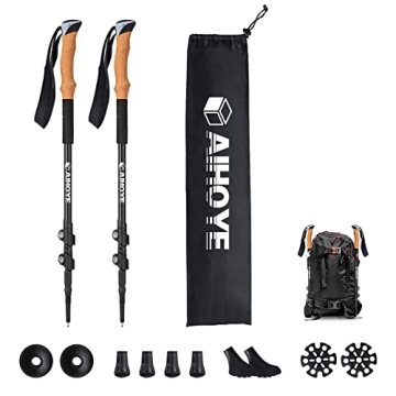 Aihoye Trekking Hiking Poles - Collapsible Lightweight 2 Pack with Comfortable Cork Grips