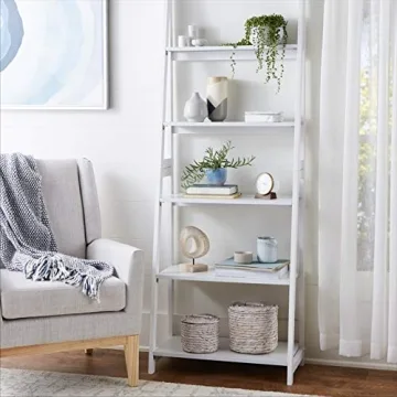 Durable 5-Tier Ladder Bookshelf Organizer in White Finish