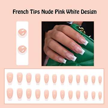 ANDGING Press on Nails Short Medium Coffin, French Tip for Women with Nude Pink White Design, Full Cover Glue on Nails, Reusable Nails Press on Stick on Nails for Christmas 24Pcs