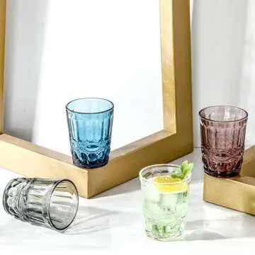 XKXKKE Glasses, Set of 6 Vintage 10 oz Drinking Cups, Embossed Water Glasses, Highball Cocktail Rocks Glass Crystal