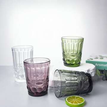 XKXKKE Glasses, Set of 6 Vintage 10 oz Drinking Cups, Embossed Water Glasses, Highball Cocktail Rocks Glass Crystal