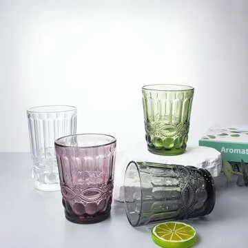 XKXKKE Glasses, Set of 6 Vintage 10 oz Drinking Cups, Embossed Water Glasses, Highball Cocktail Rocks Glass Crystal