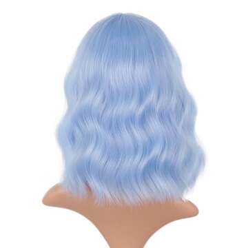 LNERATO Light Blue Wig Short Curly Wavy Bob Wigs for Women Blue Wig with Bangs Shoulder Length Synthetic Cosplay Party Wig Colored Wigs for Women Girls(12" Light Blue)…