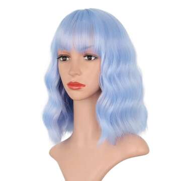 LNERATO Light Blue Wig Short Curly Wavy Bob Wigs for Women Blue Wig with Bangs Shoulder Length Synthetic Cosplay Party Wig Colored Wigs for Women Girls(12" Light Blue)…