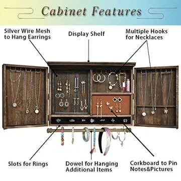 GLANT Rustic Wall Mounted Jewelry Organizer with Wooden Barndoor Decor,Wooden Wall Mount Holder,Jewelry holder for Necklaces, Earings, Bracelets, Ring Holder. Includes matching hook organizer (Rustic)
