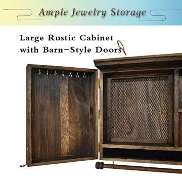 GLANT Rustic Wall Mounted Jewelry Organizer with Wooden Barndoor Decor,Wooden Wall Mount Holder,Jewelry holder for Necklaces, Earings, Bracelets, Ring Holder. Includes matching hook organizer (Rustic)