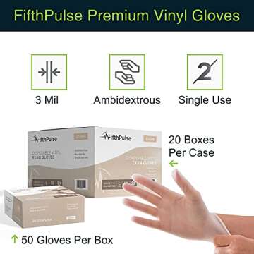 FifthPulse Clear Vinyl Disposable Gloves X Large 50 Pack - Latex Free,Powder Free Medical Exam Gloves - Surgical,Home,Cleaning,and Food Gloves - 3 Mil Thickness