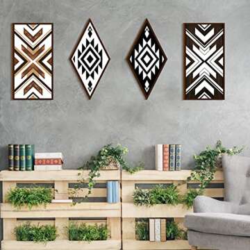 Kigeli 4 Pieces Farmhouse Home Wall Decor Aztec Wooden Sign Boho Western Decor Rustic Wood Sign Geometric Diamond Frame Hanging for Bedroom Apartment Living Room, 4 Styles