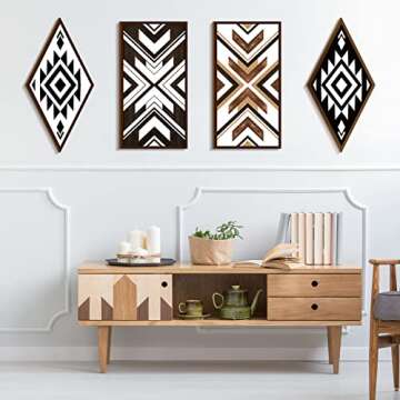 Kigeli 4 Pieces Farmhouse Home Wall Decor Aztec Wooden Sign Boho Western Decor Rustic Wood Sign Geometric Diamond Frame Hanging for Bedroom Apartment Living Room, 4 Styles