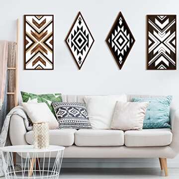 Kigeli 4 Pieces Farmhouse Home Wall Decor Aztec Wooden Sign Boho Western Decor Rustic Wood Sign Geometric Diamond Frame Hanging for Bedroom Apartment Living Room, 4 Styles
